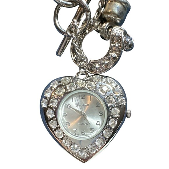 Geneva Platinum Bling Heart Charm Bracelet Watch Adjustable Silver New Battery - Picture 2 of 5